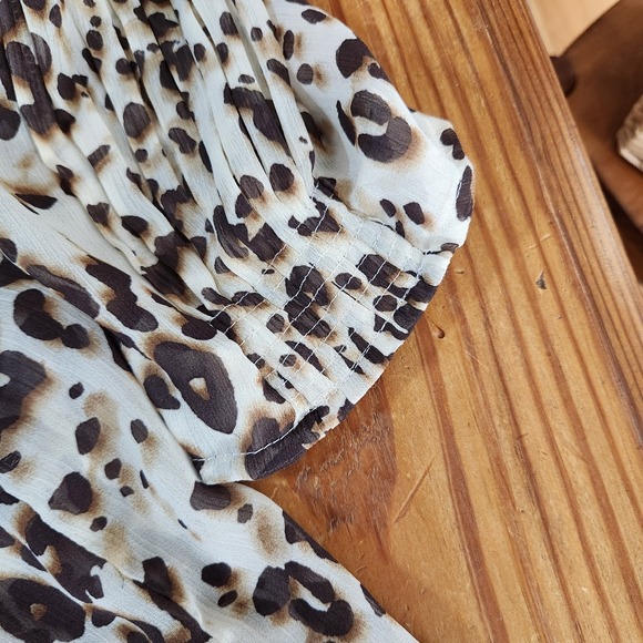 Ice Leopard Print 3/4 Sleeve Blouse XL Smocked Pleated Belt Y2K‎ 90s Milkmaid - Picture 5 of 11